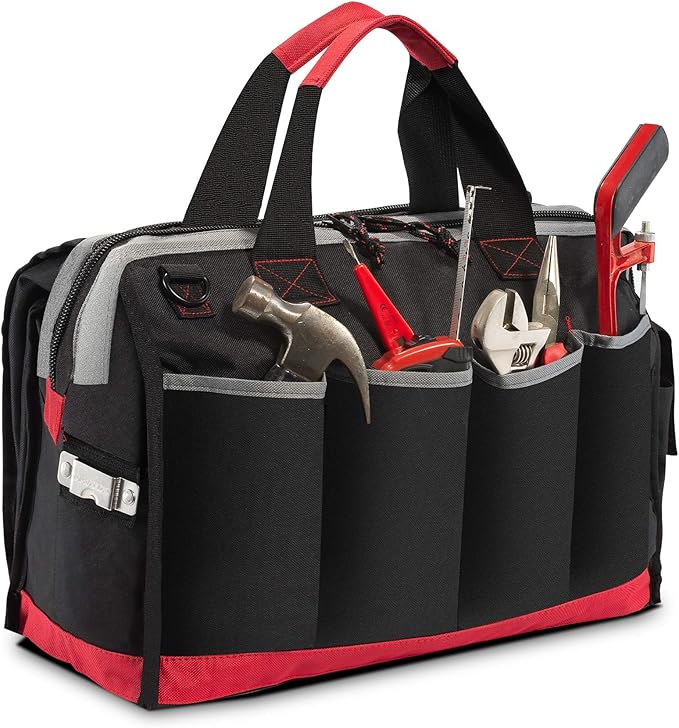 Tool Bag, Waterproof Tool Bags for Men or Women, 16-inch Wide Mouth Tool Bag Organizer with 25 Pockets for Tool Storage Bag, with Adjustable Shoulder Strap (Black/Red)