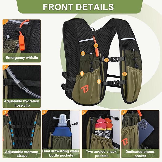 Running Vest Hydration Backpack for Men Women, 5L Lightweight Running Backpack Hydration Pack for Marathon, Trail, Cycling, Hiking, Jogging
