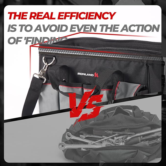 IRONLAND Hard & Sturdy Bottom Tool Bag Organizer 16.5 Inch for Men, Waterproof Heavy Duty Tool Bag with Soft Handle Large Zipper, Ideal for Mechanics Electrician Handyman Hvac, Great Gift for Dad