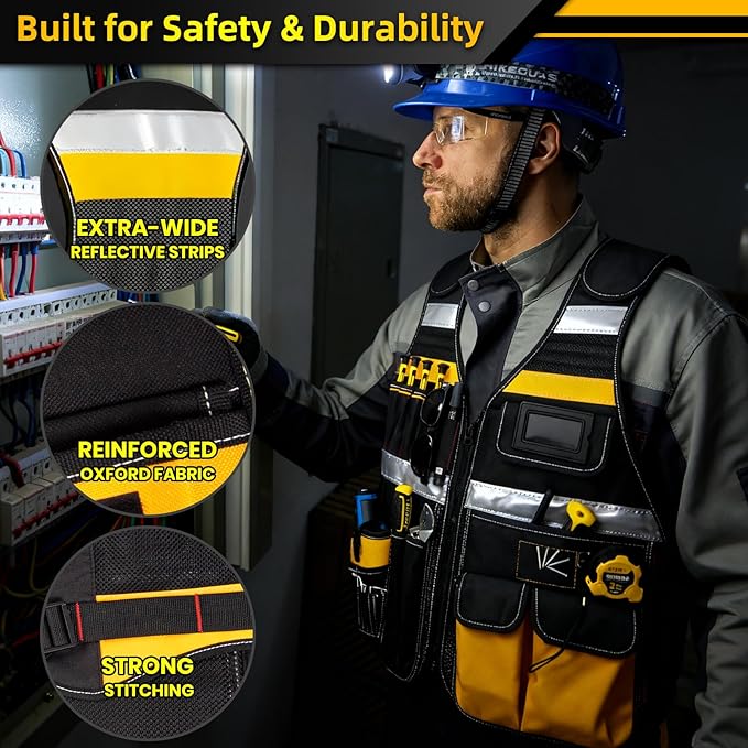 Electrician Tool Vest, Electrician Vest for Men, 21 Compartments, Reflective Workwear with Drill Holster, Adjustable Waist & Upgraded Comfortable Neck Opening