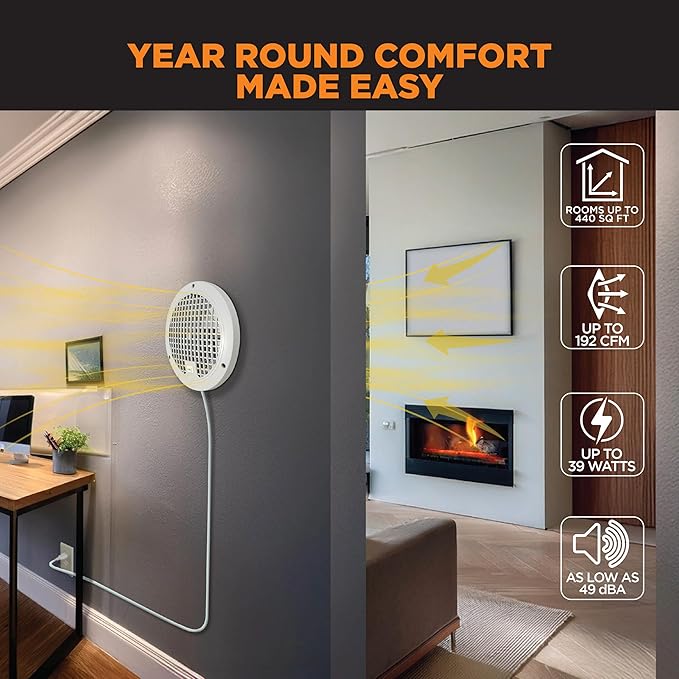 Suncourt ThruWall Room-to-Room Transfer Fan — Quiet Through Wall Vent Fan Improves Air Circulation Between Rooms 200-440 Sq. Ft. | 10’ Power Cord, 2-Speed (TW108)