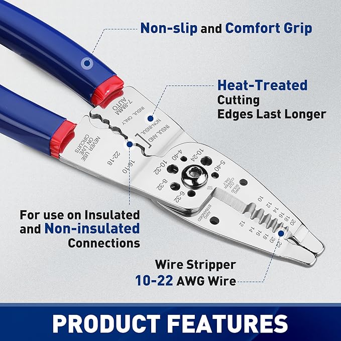 WORKPRO Wire Strippers Cutter, 8-inch Long Nose Wire Stripping Tool, Stainless Steel Wire Crimping Tools & Pliers, Multi-Function Hand Tool, Cuts 10-22 AWG