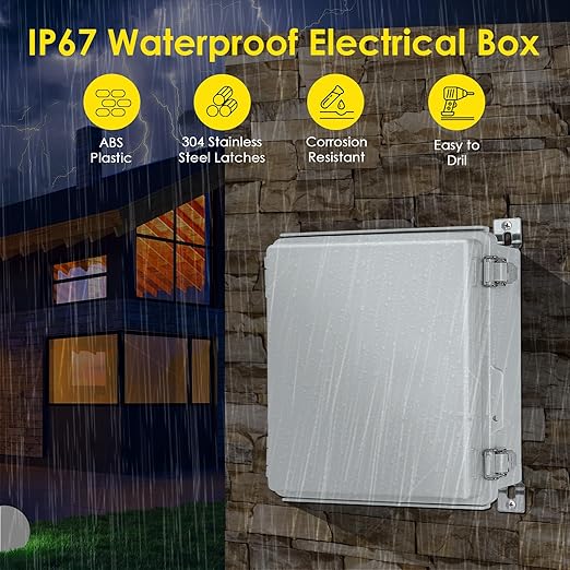 Waterproof Electrical Junction Box, IP67 Plastic Weatherproof Electrical Enclosure with Mounting Plate, Wall Brackets, for WiFi Electronics Project (5.9"x5.9"x3.5")