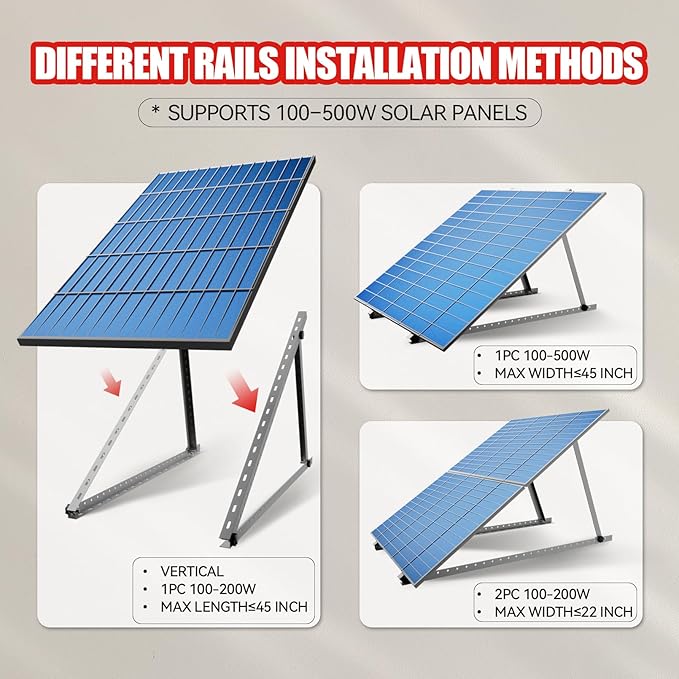 Adjustable Solar Panel Mount Brackets, 2 Sets(4 Pack) 45inch Solar Panel Mount Stand with Foldable Tilt Legs, Suitable for 2-4pcs 100-500 Watt Solar Panel for Roof, RV, Boat, and Off-Grid