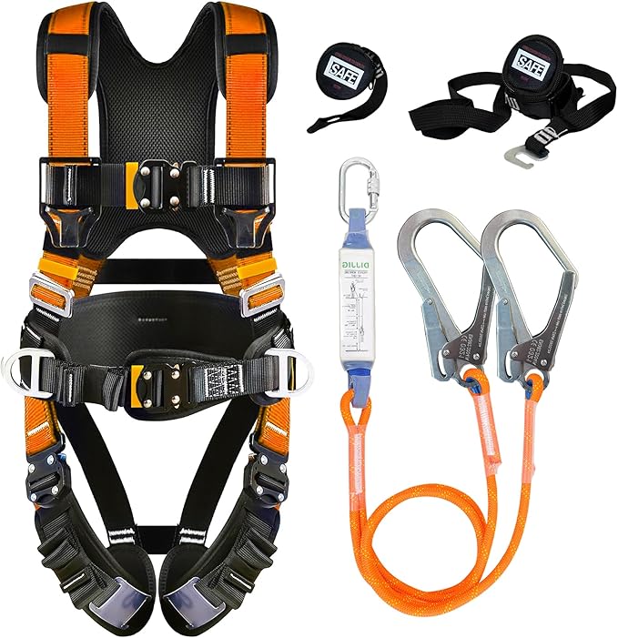 Safety Harness Fall Protection Kit with Shock Absorbing Lanyard & Suspension Trauma Safety Straps Upgrade Quick Buckles, Roofing Harness Construction Harness Para Construccion ANSI Compliant Orange