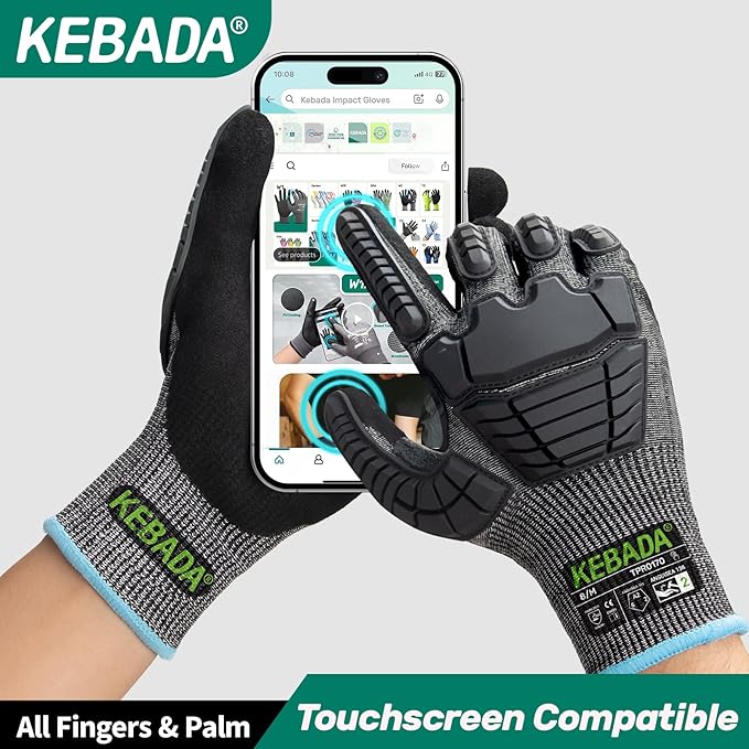 Kebada Impact Protection Gloves, ANSI A2 Cut Resistant Work Gloves with Grip, Touchscreen, Sandy Nitrile Coated