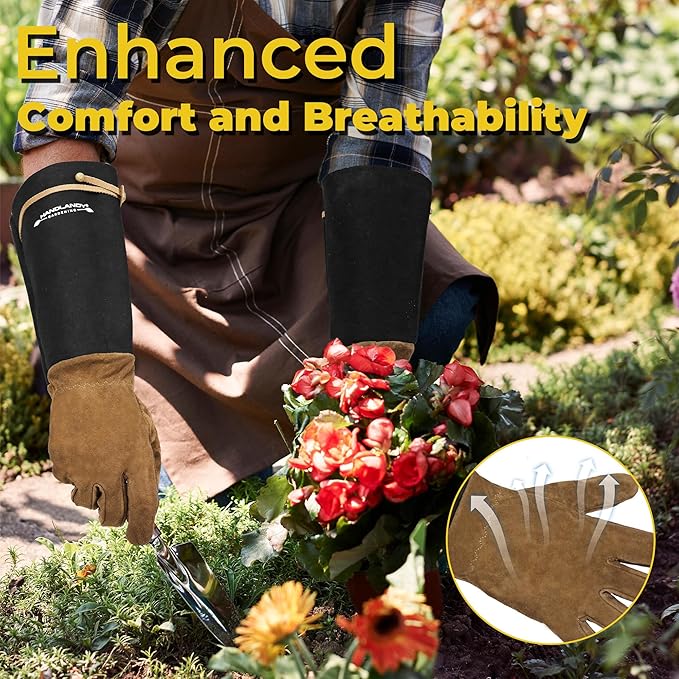 HANDLANDY Long Gardening Gloves for Men & Women, Pigskin Leather Rose Pruning Gloves, Breathable Thorn Proof Gauntlet Glove (Coffee Brown, S)