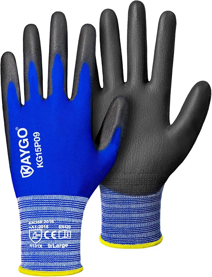 KAYGO Work Gloves PU Coated-12 Pairs, KG15P,Nylon Lite Polyurethane Safety Work Gloves, Gray Polyurethane Coated, Knit Wrist Cuff,Ideal for Light Duty Work (Large, Blue)