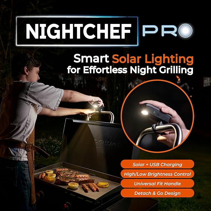 Night Chef Pro Outdoor Grill Light - Solar & USB-C Rechargeable LED BBQ Light Auto On/Off Tilt Sensor, Universal Mount, Weatherproof Grill Accessory for Blackstone, Weber & Most Grills