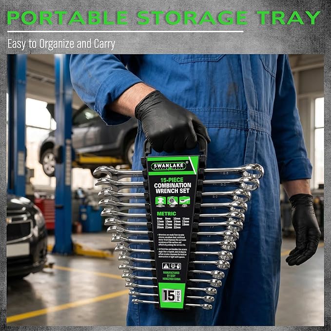 SWANLAKE GARDEN TOOLS 15-Piece Metric Combination Wrench Set, 12-Point Max Torque Open End Wrench Set, Cr-V Steel Wrenches 8, 9, 10, 11, 12, 13, 14, 15, 16, 17, 18, 19, 20, 21, 22mm with Storage Rack