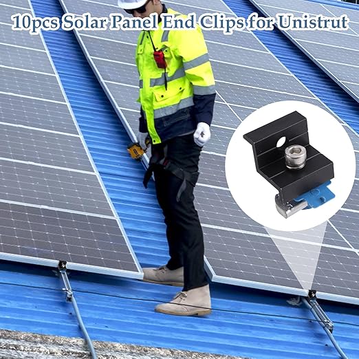 10pcs Solar Panel End Clamps for Unistrut Standard, 30mm/35mm Solar Panel Brackets with Nuts Bolts, Aluminum Alloy Mounting Rail Kit for Metal Tin Flat Sheet Roof Mount (Black)
