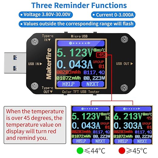 MakerHawk USB Multimeter USB Voltmeter Ammeter Load Tester USB Voltage Current PD Battery Power Capacity Charger Type C Meter Tester LCD Display Cable Resistance QC2.0/3.0/4.0 N10 1.44 Inch Screen