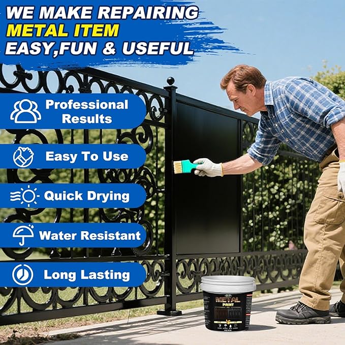 Metal Paint, 35 Fl oz Rust Preventive & Weatherproof Protective Coating, Black Paint for Metal Surfaces, Water-Based Matte Interior/Exterior Paint for Railings, Fences, Gates & Furniture