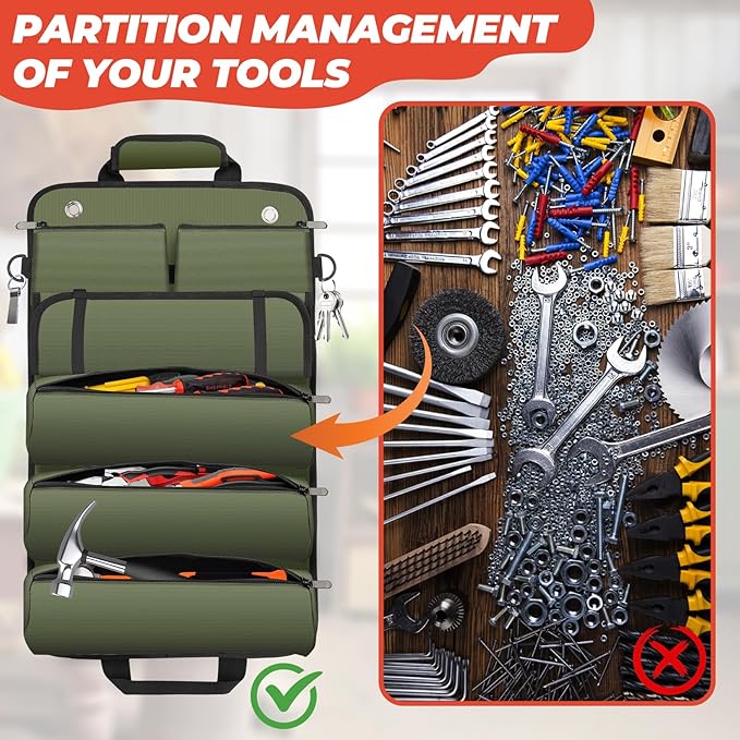 Tool Roll Up Bag, Gifts for Him Men Dad Husband Boyfriend Fathers Day, 1680D Portable Tool Storage for Men, Heavy Duty Tool Organizer with Detachable Pouches&Wrench Roll for Mechanic