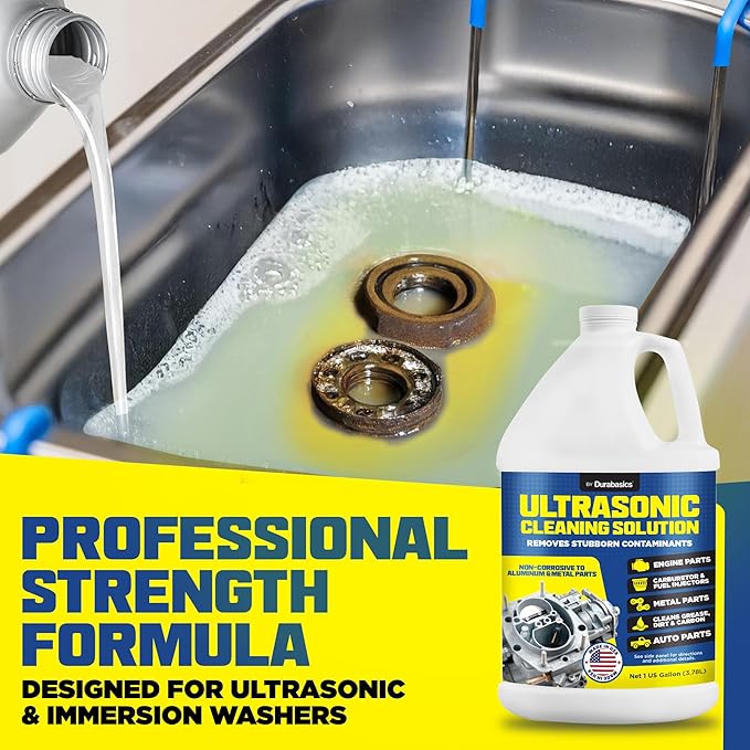 Durabasics [1 Gallon] Ultrasonic Cleaner Solution – Heavy-Duty Parts Cleaner & Carburetor Cleaning Solution – Perfect for Engine & Automotive Parts – Helps Remove Carbon, Grease – Safe on Most Metals