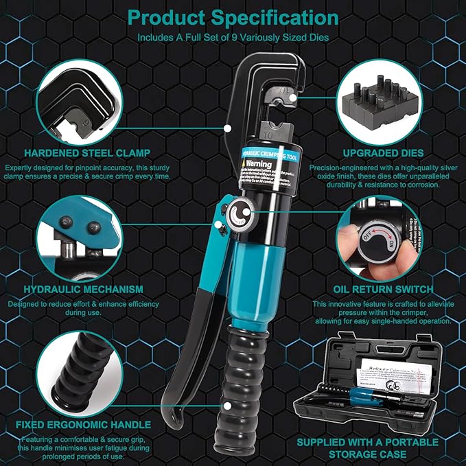 10 Tons Hydraulic Crimping Tool with 9 Dies - Battery Cable Crimper Tool & Wire Rope Crimping Tool for 12 to 2/0 AWG, 1/16" 1/8" 3/16" Stainless Steel Cable Railing Tool