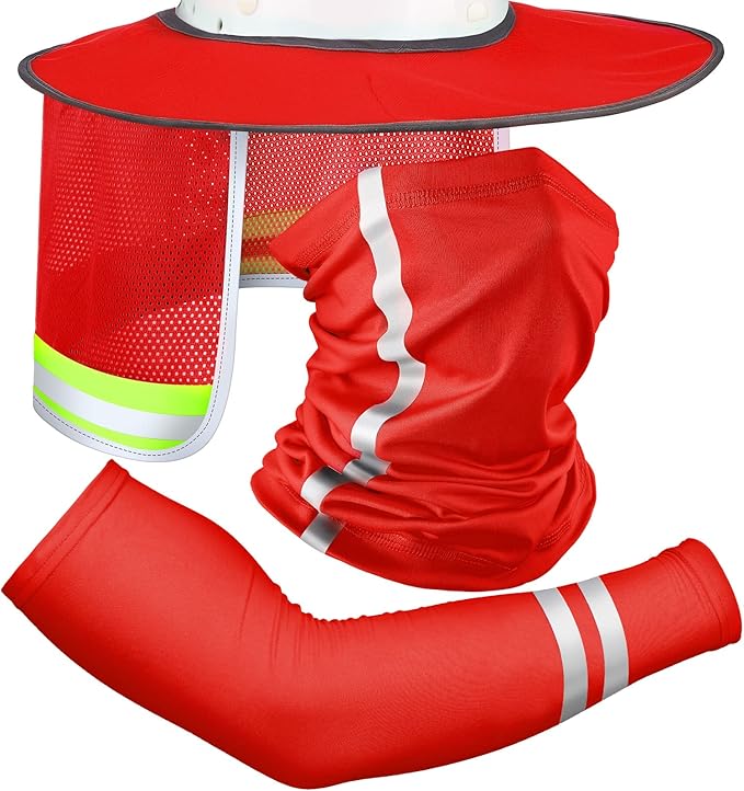 SATINIOR 3 Pcs Sun Hard Hat Neck Protection High Visibility Full Brim Mesh Sun Protection Bandana Headband Arm Sleeves with Reflective Strap for Construction Helmet Hard Hat(Red)