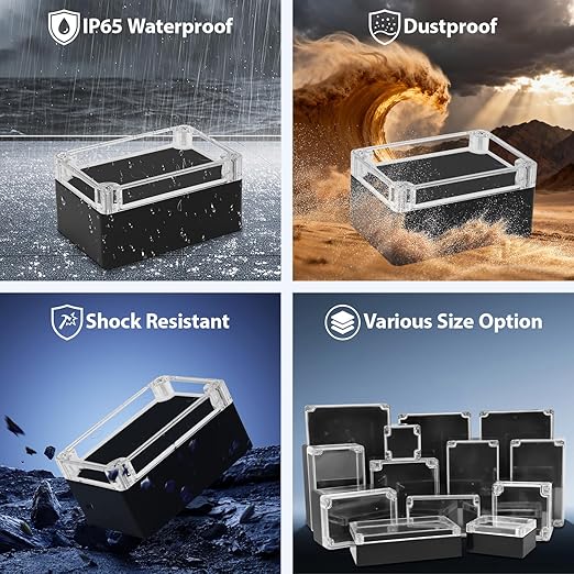 LeMotech Junction Box with Clear Cover IP65 Waterproof Project Box Dustproof ABS Plastic Electrical Project Boxes Universal Enclosure, Black 3.9"x 2.6"x 1.9"(100x68x50mm)(Pack of 2)