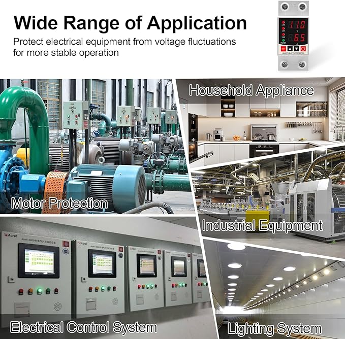 Adjustable V/A Protector Over/Under Voltage & Overcurrent Protection Intelligent Relay Reset Protector Voltage Output Stabilizer for Home Office Appliance, AC110V DC85-300V 63A, Din Rail Mount
