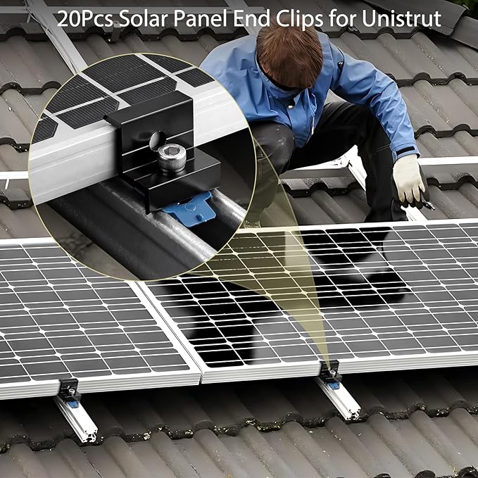 Anbte 20pcs Solar Panel End Clamp for Standard Unistrut, Aluminum 30mm/35mm Solar Panel Brackets with Nuts Bolts, Solar Panel Mounting Kit for Metal Roof, Tin Roof, Flat Roof, Sheet Roof, RV, Black