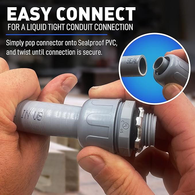 Sealproof 1/2-Inch Non-Metallic Liquid-Tight Conduit and Connector Kit, 50 Foot Made in USA Flexible Electrical Conduit Type B with 5 Straight and 3 90-Degree Conduit Connector Fittings, 0.5" Dia