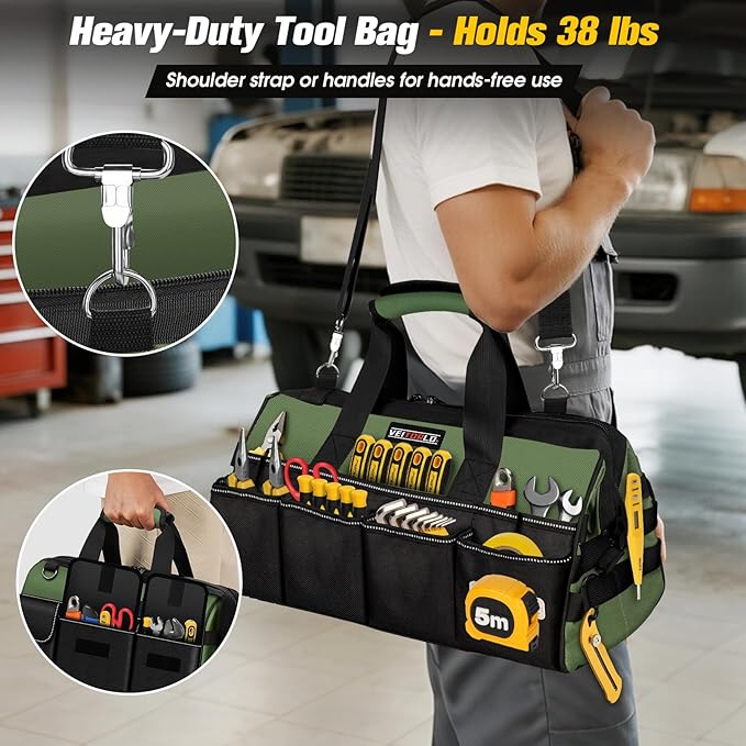 16-Inch Heavy Duty Tool Bag, 19-Pockets Tool Box Organizer, Portable Toolbag W/Soft Handle for Organized Storage, Mechanic Gifts for Men Dad Husband Fathers Day, Wide Mouth Electrician Toolbox, Green