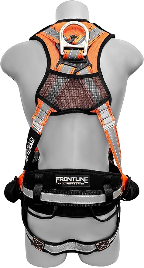 Frontline Fall Protection 100RCTB Combat™ Reflective Construction Full Body Harness with Tongue Buckle Legs and Trauma Straps,5 Points of Adjustability,Positioning Belt,OSHA & ANSI Compliant (Size: S)