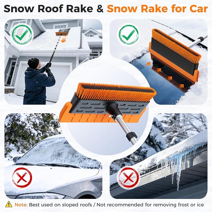 Year-Round Roof Rakes for Snow, Leaves & Moss – 16” No-Scratch Foam Blade & Roof Brush, 4.7-21ft Telescoping Snow Rake for Roof, Solar Panels, RVs & Cars, C-Shaped Push/Pull Roof Snow Removal Tool
