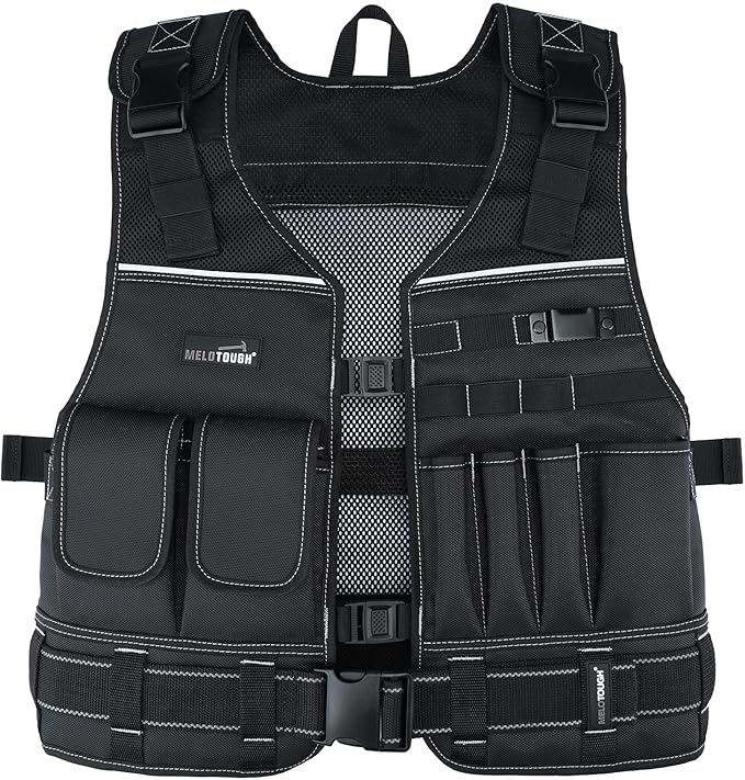 MELOTOUGH Tool Vest for Men with Pouches and Belt, Adjustable Multi-Pocket Safety Tool Vest for Electrician, Carpenter(Black)
