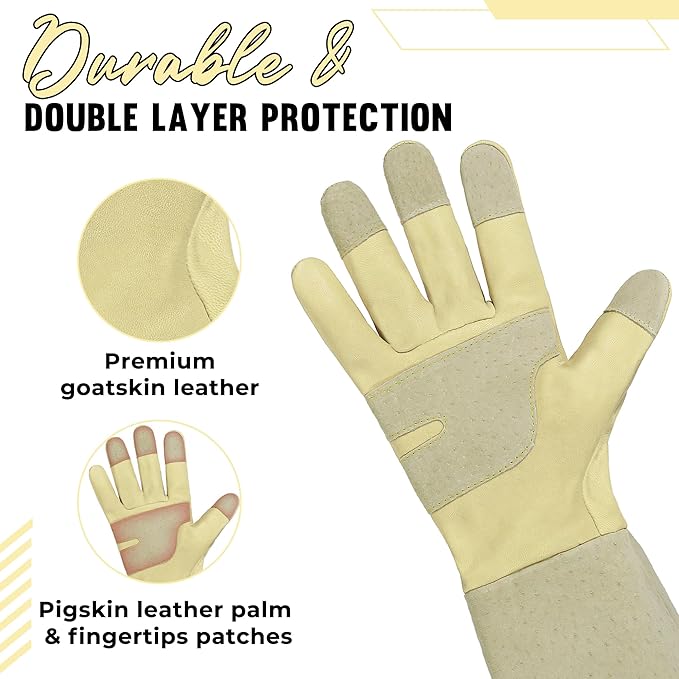 HANDLANDY Rose Pruning Gardening Gloves for Men Women, Thorn Proof Forearm Protection Leather Garden Gloves, Gardening Gifts for Gardeners (Vanilla, Large)