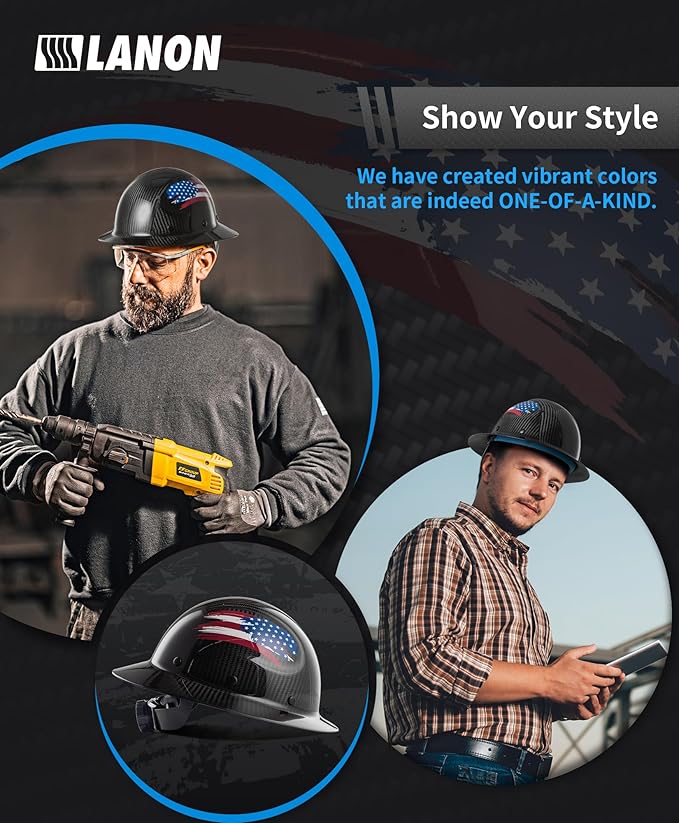 LANON Carbon Fiber Full Brim Hard Hat, OSHA Approved ANSI Z89.1 Hard Hats for Men, Construction Safety Helmet with Chin Strap, 6-Point Suspension, American Flag Design, Class C