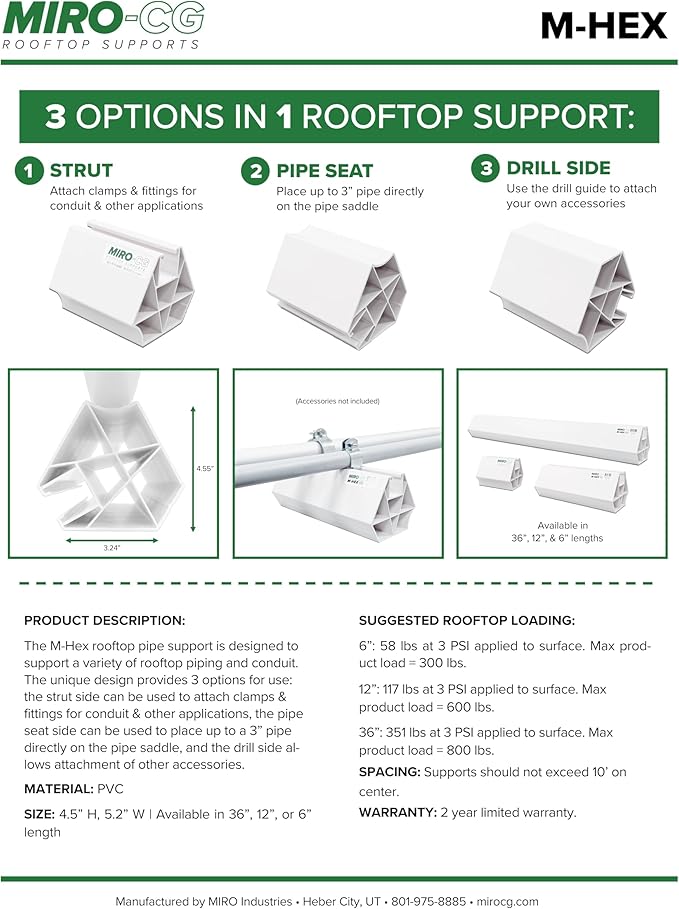 4-Pack M-Hex 6" Rooftop Pipe Supports with Strut - for Electrical Conduit & Other Piping on Roofs - Three Sides - Strut, Pipe Saddle, Flat (4) - Roof Blocks for Conduit