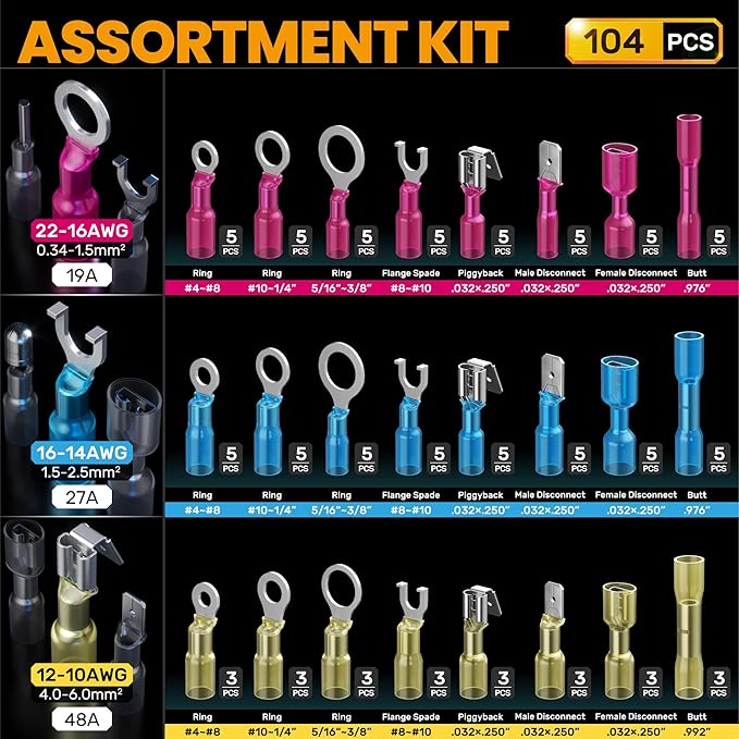 SOMELINE Heat Shrink Wire Connectors and Crimping Tool Kit, 24 Types (UL Listed) Marine Automotive Terminals, 22-10 AWG Ratchet Crimper - Waterproof Ring Fork Spade Piggyback Butt Splices (104 Pcs)