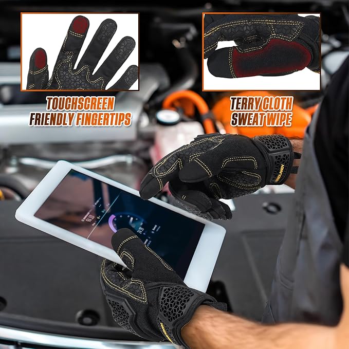 HANDLANDY Mens Work Gloves Touch screen, Utility Mechanic Gloves, Flexible Breathable Fit- Padded Knuckles & Palm