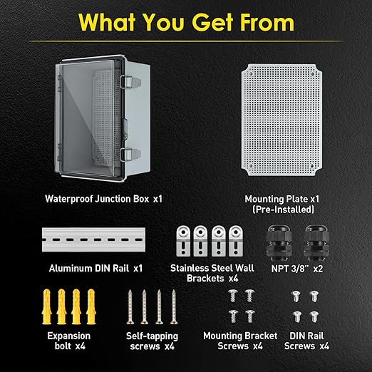 Waterproof Electrical Junction Box, IP67 Plastic Weatherproof Electrical Enclosure with Aluminum DIN Rail, Mounting Plate, Wall Brackets for DIY Project WiFi, Clear (13.8''×9.8''×5.9")