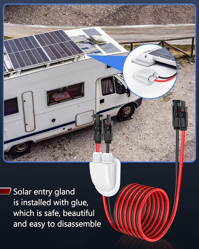 ELECTOP Solar Extension Cable with Solar Double Cable Entry Gland, 10AWG Solar Panel Cable Connector with Female and Male Connector Adapter Kit for Solar Project on RV Boat Van Solar Panels