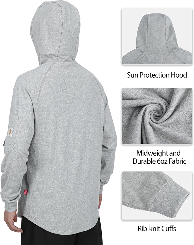 BOCOMAL FR Hooded T Shirts Heather Series 6oz Flame Resistant NFPA2112 CAT2 Fire Retardant Hoodies Work Shirt