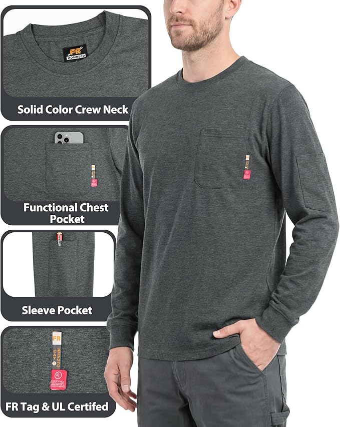 KONRECO FR Shirts for Men Crewneck 6oz Jersey Lightweight Flame Resistant Work T Shirt NFPA2112 CAT2