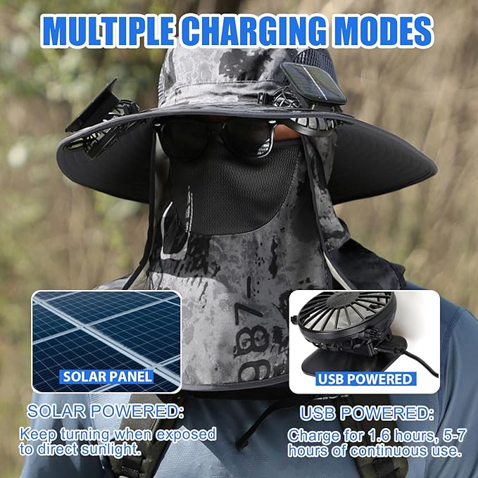 Solar Fan Hat, Wide Brim Solar Fan Outdoor Fishing Hat with Removable Neck Flap and Face Cover for Fishing, Hiking, Camping Grey