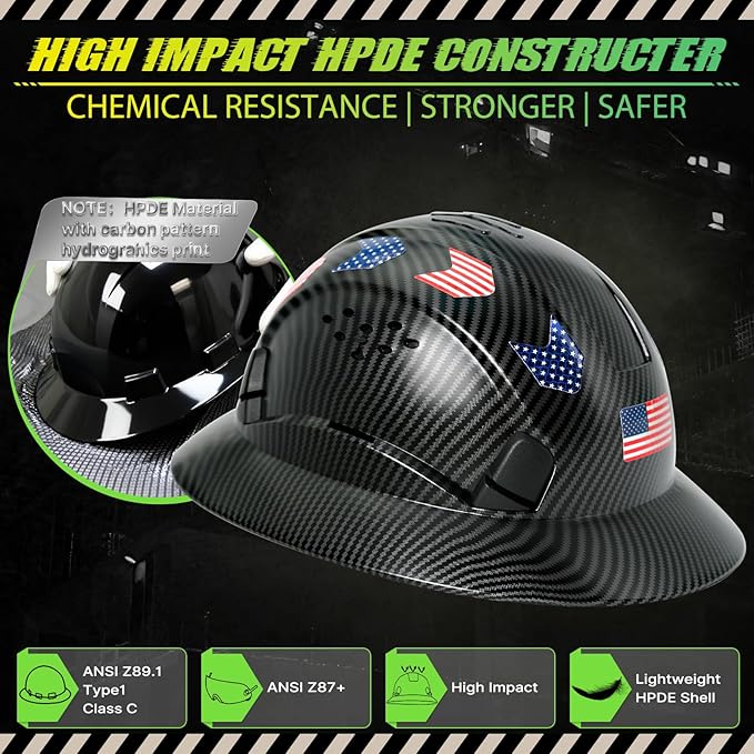 Carbon Fiber Pattern Full Brim Hard Hat with Visor-OSHA Approved Construction Safety Helmet for Men Women,ANSI Z89.1 Vented Reflective Hardhat with Hard Hat Chin Strap,6-Point Suspension