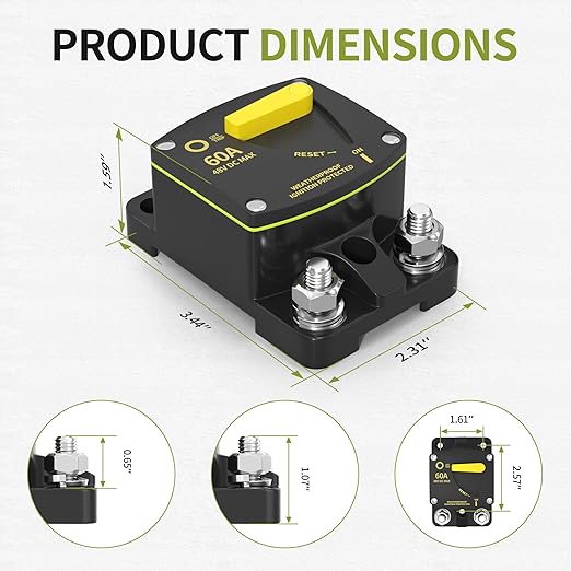 Waterproof Circuit Breaker 12V 60 Amp Marine & Car Circuit Breaker 12V-48V DC Manual Reset Switch for Vehicles ATV Boat Marine Trolling Motor Trailer 1 Pack
