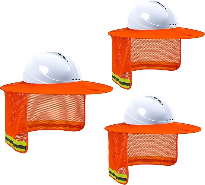 Hard Hat Sun Shade, High Visibility Sun Visor Neck Shade with Reflective Strip, Full Brim, Man & Woman (Hard Hat Not Included), Orange, 3 Pack