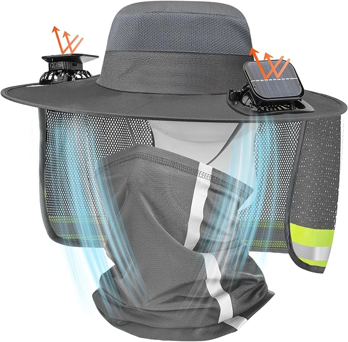 Solar Fan Hat for Men Women Sun Wide Brim Fishing Hat with Dual Power Ice Silk Neck Cover Reflective Design