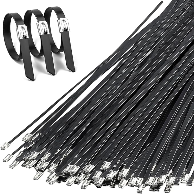 100PCS Heavy-Duty Metal Zip Ties, 11.8 Inch Black Stainless Steel Locking Cable Ties, UV Resistant for Fence, Pipe, Exhaust, Vehicle, Farm & Industrial Use