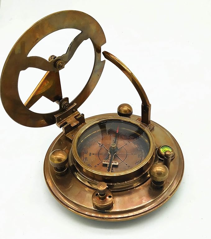 Antique Brass & Copper Sundial Compass – A Unique Gift of Elegance with Sundial Clock, Ship Replica Watch, and Presentation Box