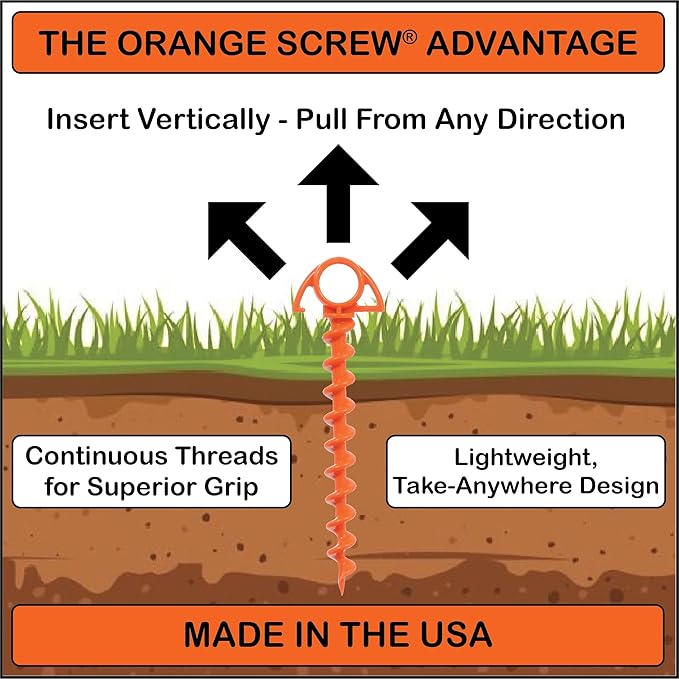 Orange Screw Ultimate Ground Anchors: Heavy Duty Screw-in Tent Stakes for High Wind, Sand, Canopies, and Camping - Made in USA, Included T-Grip Tool - (Small, Single Pack, Orange)