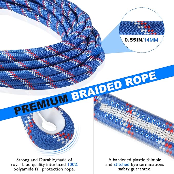 100FT Vertical Lifeline Assembly，Fall Protection Rope with Two Rope Grab Snap Hooks, Shock Absorber，Safety Climbing Equipment Roofing Safety Kit, CE ANSI