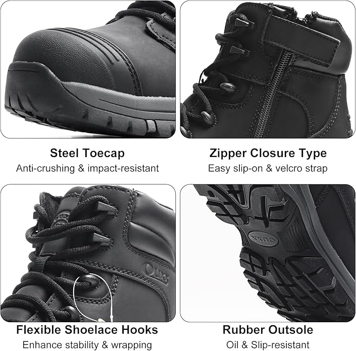 OUXX Work Boots for Men, Side Zipper Steel Toe Shoes, Water-Resistant, Non-Slip, Puncture-Proof(OX2720)