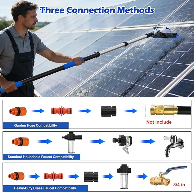30 FT Reach Solar Panel Cleaning Brush Kit with 5-24 FT Telescopic Extension Pole, Water Fed Pole with Dual Action Flip-Lock & Screw Fixing Design, Ideal for Snow Removal, Windows, Boats, RVs