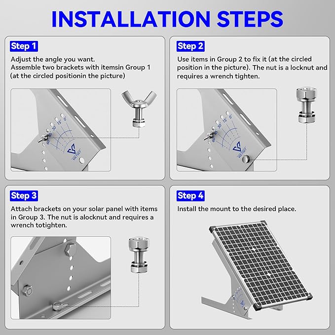 Voltset Solar Panel Mount Stand: 13.8in Immortal Steel Adjustable Angle Bracket - Rack Mount Rails with Hardware, Mounting Compatible Within 200W Solar Panel for Wall, Roof, RV, Boat
